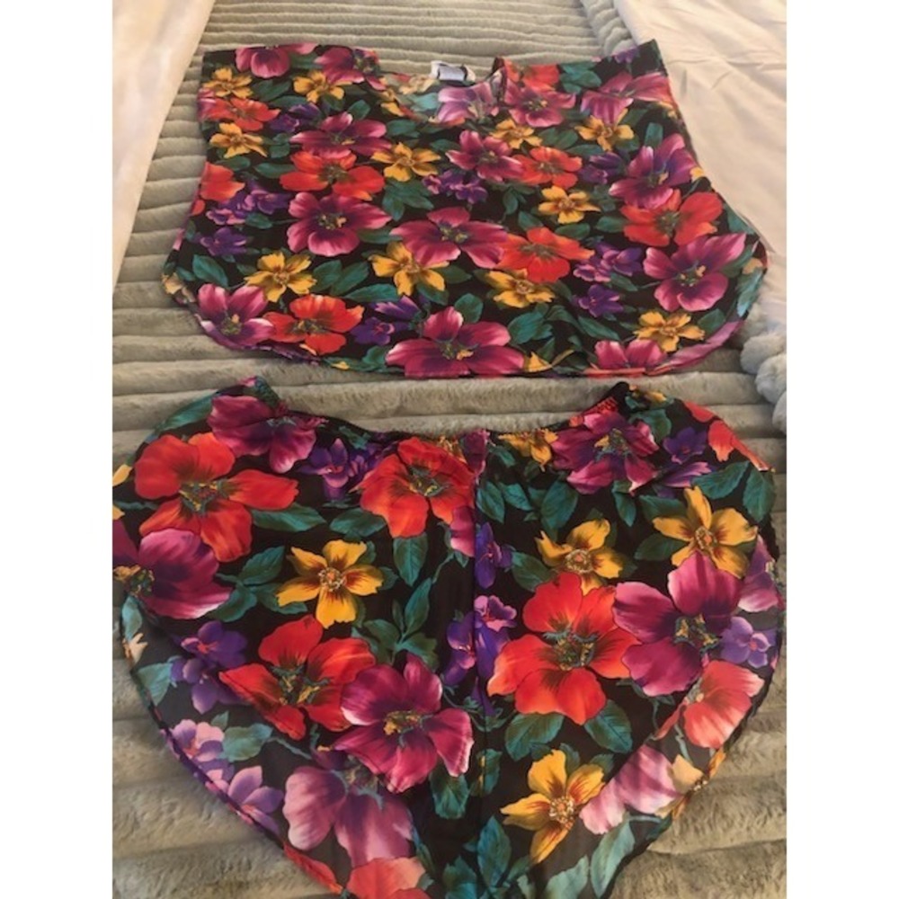 Vtg Womans California Miss Satin Top And Shorts Floral, Size L Lounge Lingerie
